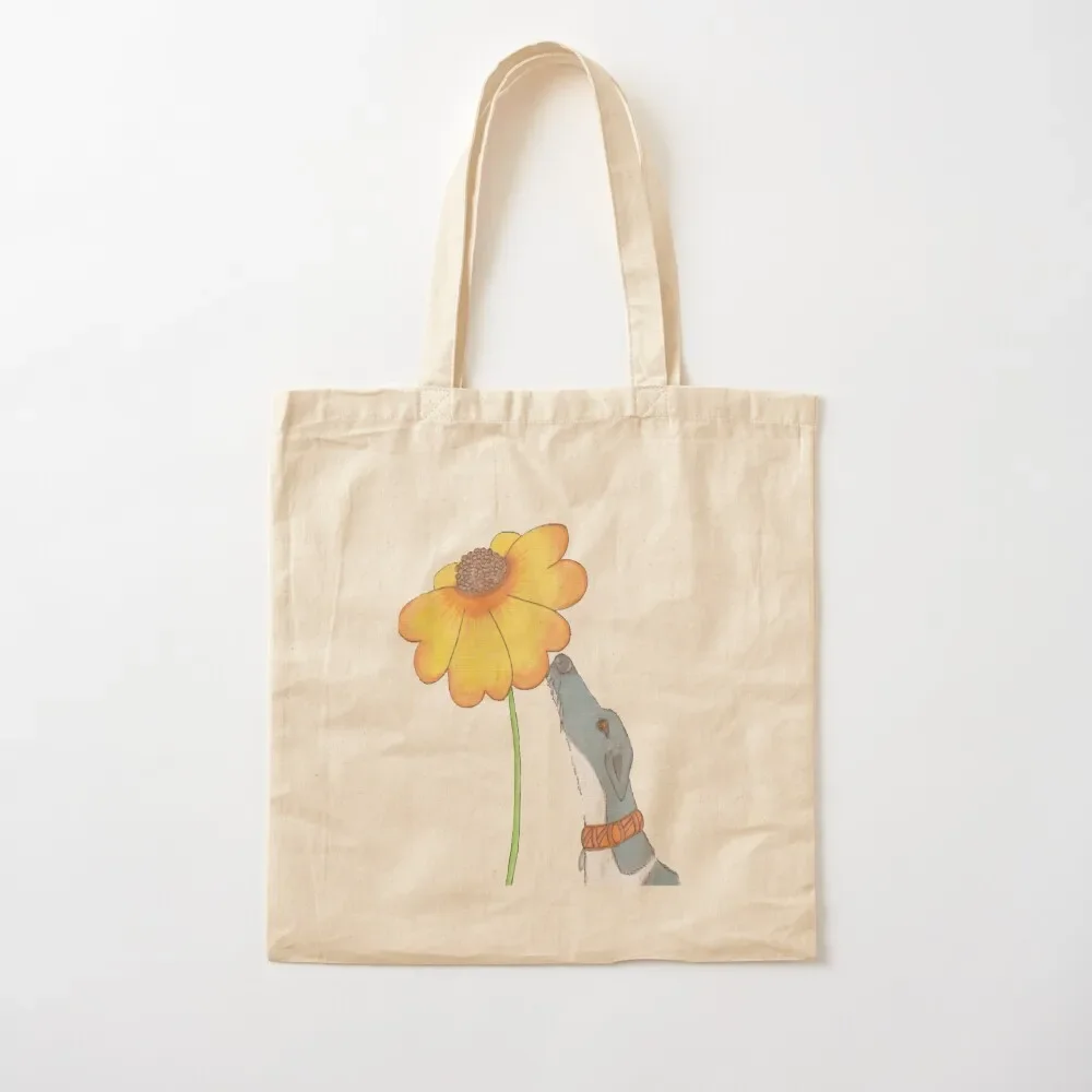 

Just Sniffing Sunshine - Greyhound Sniffing a Yellow Flower Tote Bag hand bags eco pack Tote Bag