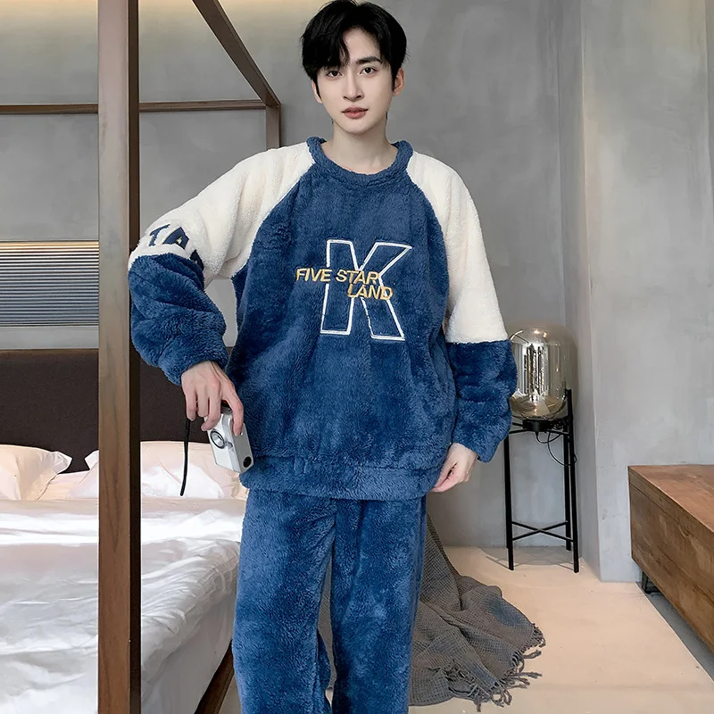 

L-5XL Winter Warm Flannel Pajama Set Men Large Size Long Sleeve Thickened Homewear Coral Velvet Cute Cartoon Sleepwear Outfits