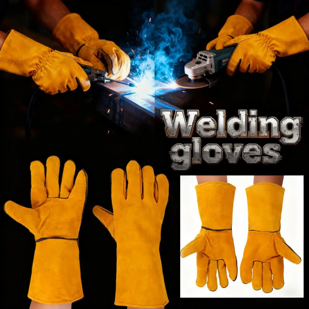 

Сварочные перчатки, желтые, длинные, из воловьей кожи, двухслойные, с фланелевой подкладкой, термостойкие, противоскользящие, рабочие перчатки для мужчин