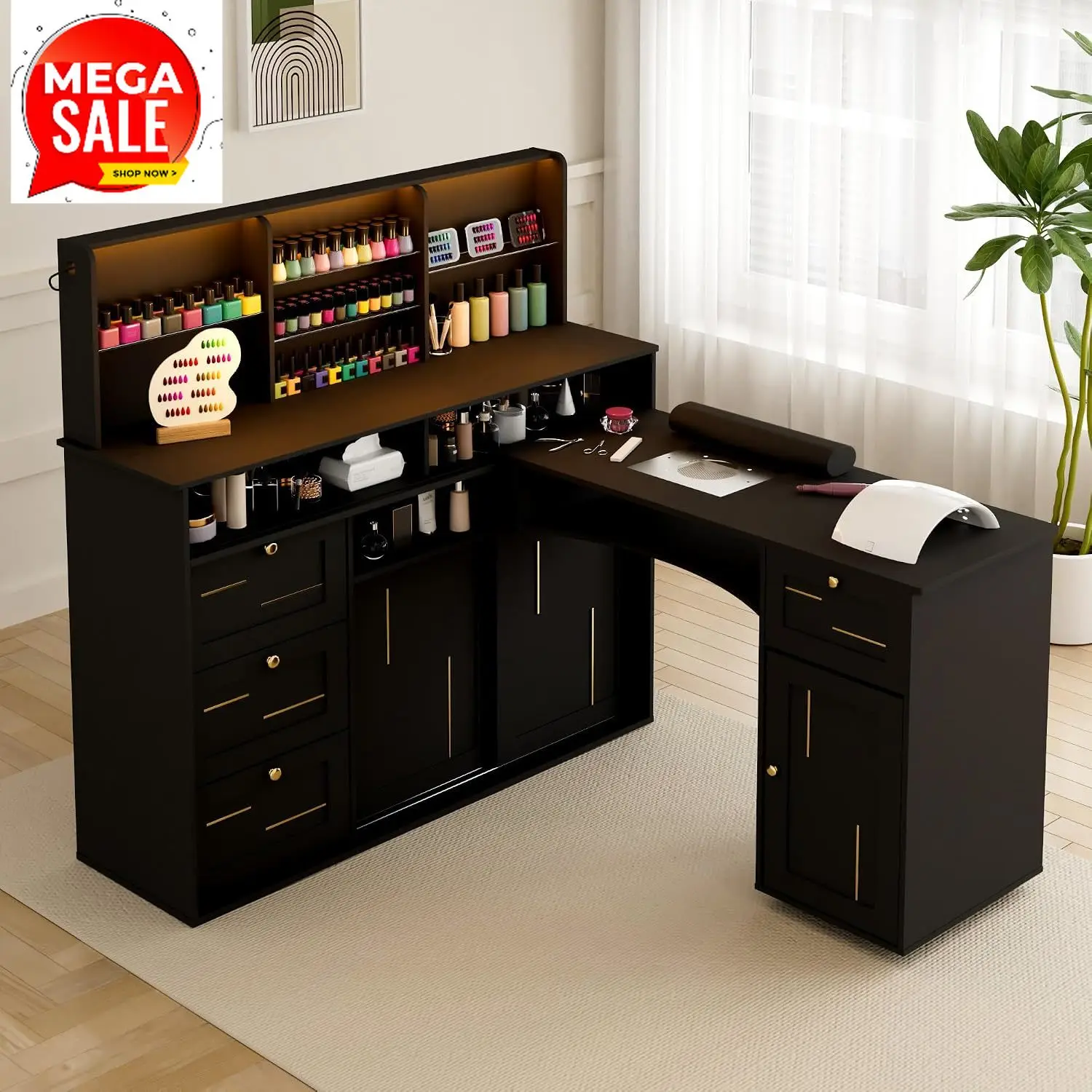 Manicure Table With Dust Collector, L-Shaped Nail Desk With Mobile Desktop, LED Light, Glass Display Rack, Storage Cabinets