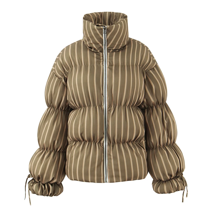 

Fashion Striped Women's Down Jacket - Army Green Striped High-Neck Thickened Coat with Drawstring Cuffs