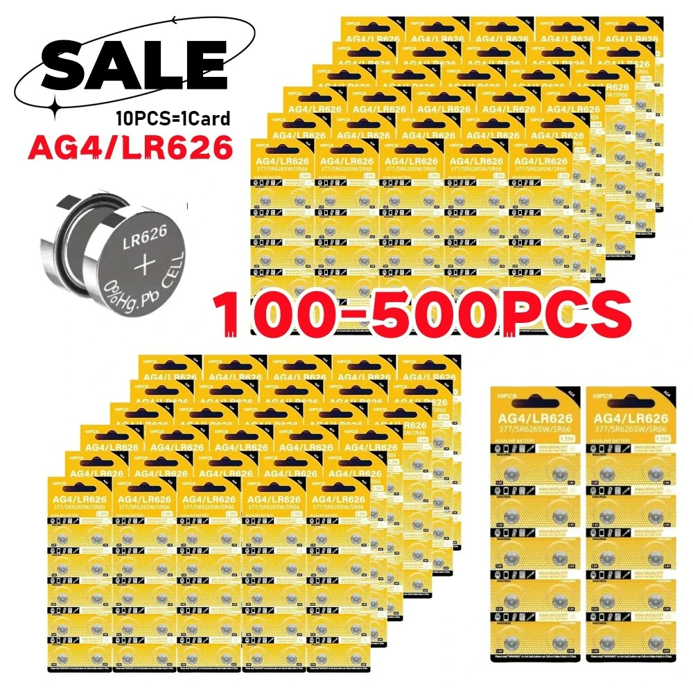 

100-500PCS AG4 Alkaline Coin Cell LR626 377 SR626 177 626A 377A CX66W Button Battery For Toy Calculator Car Key Clock Watch 1.5V