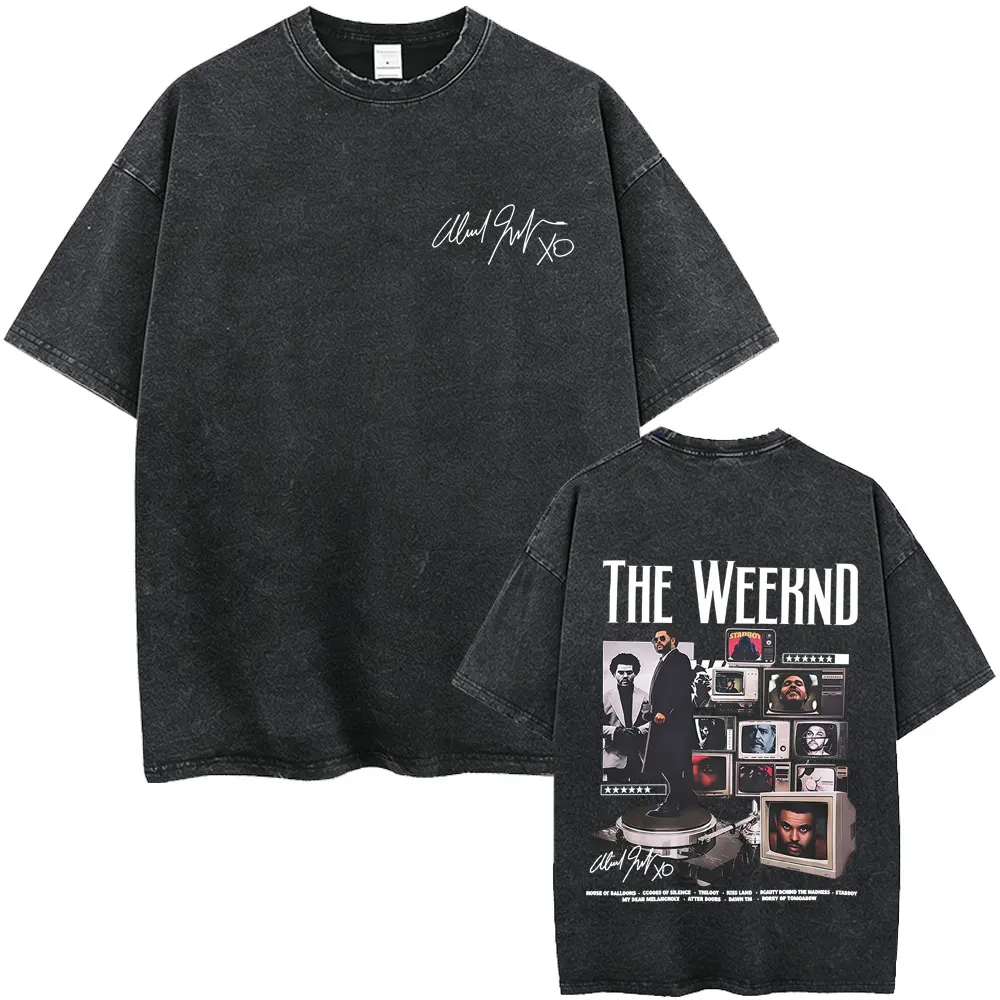 Rapper The Weeknd Album Cover Washed Vintage T-shirt Men Women Hip Hop Rap Pop Music Short Sleeve T Shirts Harajuku Streetwear