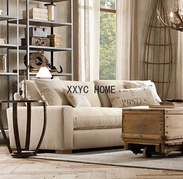 

RH original single French country solid wood furniture linen fabric down double sofa American simple modern design
