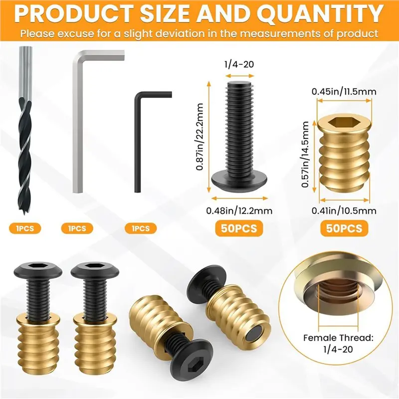 ABVG-100 Sets 1/4-20 X 19/32 Inch Threaded Insert And Bolt For Wood, Hex Socket Drive Furniture Screw Nut Assortment Kits