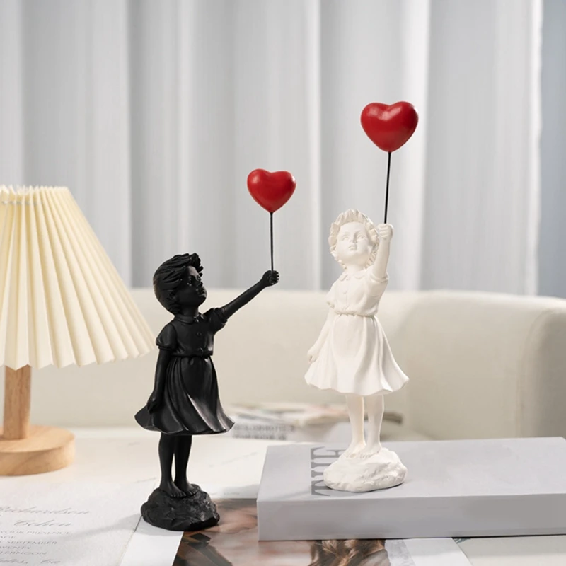Little Girl With Balloon Figurine Statue Sculpture Living Study Room Bedroom Decor Home Table Decoration