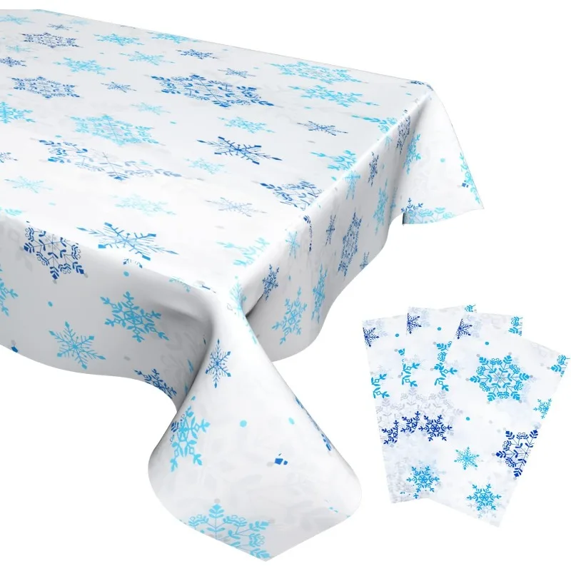 3 Piece Blue and White Snowflake Disposable Plastic Rectangular Christmas Tablecloth for Winter Theme Birthday Party Decorations