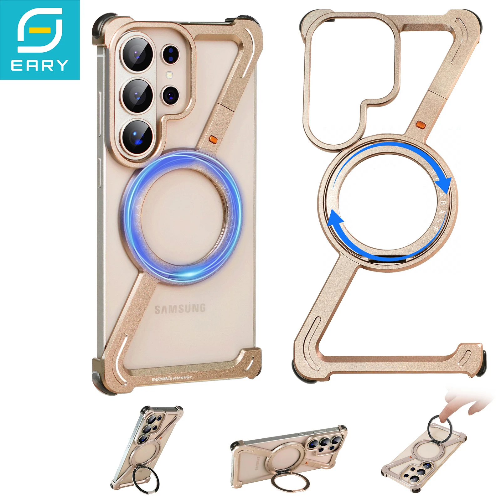 

Eary Aluminum Metal Z Case for Samsung Galaxy S26 Ultra Frameless Phone Cover Magnetic 360°Ring Stand Holder Shockproof Bumper