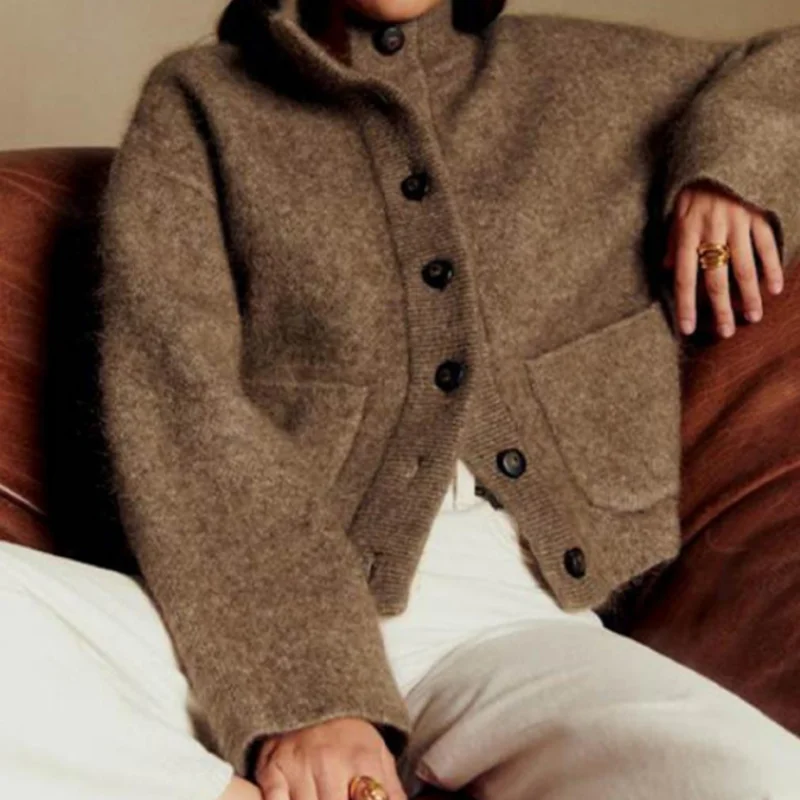 سترة صوفية ممزوجة غير رسمية لخريف وشتاء بياقة دائرية وأكمام طويلة معطف جيب واحد الصدر 2025 ملابس سيدة جديدة متينة عالية الشارع