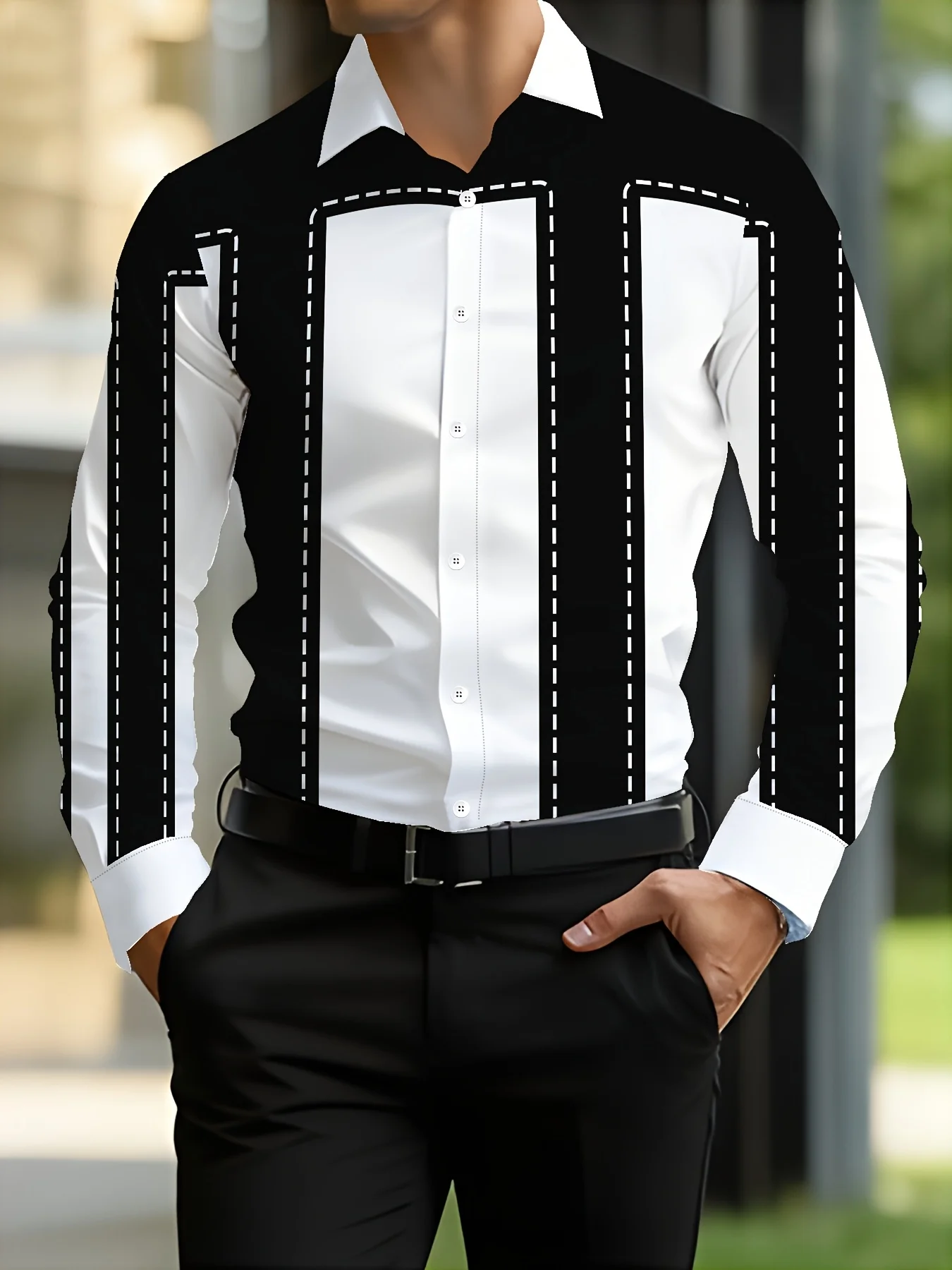 Men's Long Sleeve Shirt Autumn Black White Geometric Stripe Print Lapel Button‑Up Casual Fashion Streetwear Men Clothing