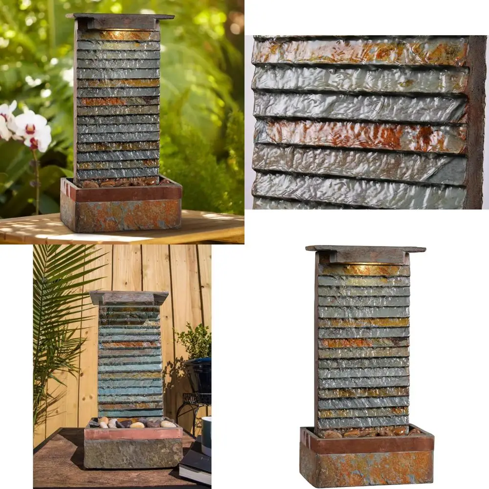 

"19-inch rustic zen slate stone table fountain with led lighted waterfall feature for indoor or outdoor use"
