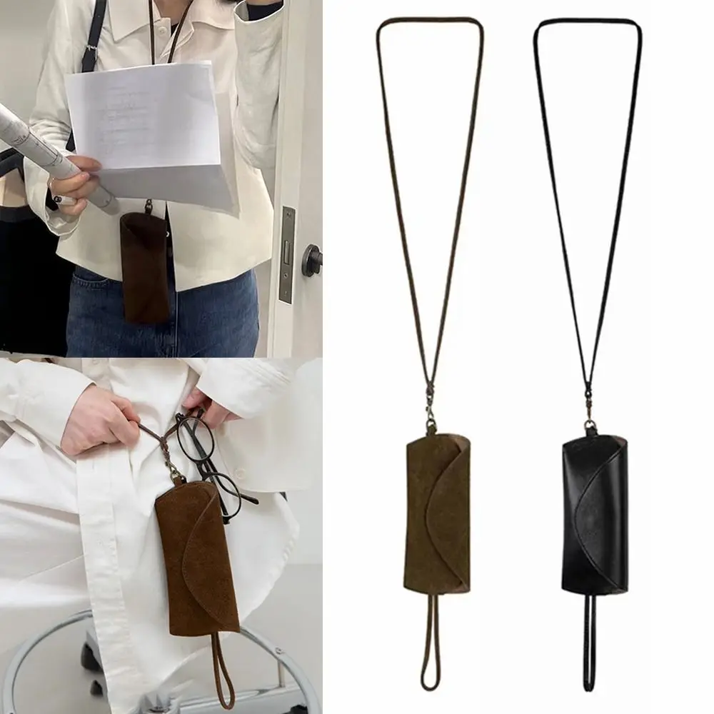 

PU Leather Sunglasses Storage Bag with Lanyard Solid Color Sunglasses Pouch Portable Durable SunGlasses Holder
