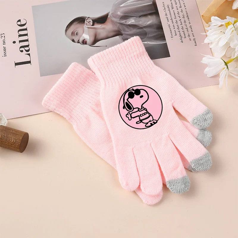 Snoopy Outdoor Cycling Glove Full Finger Knitted Gloves Touch Screen Cute Warm Solid Color Thick Touch Screen Mittens Kids Gifts