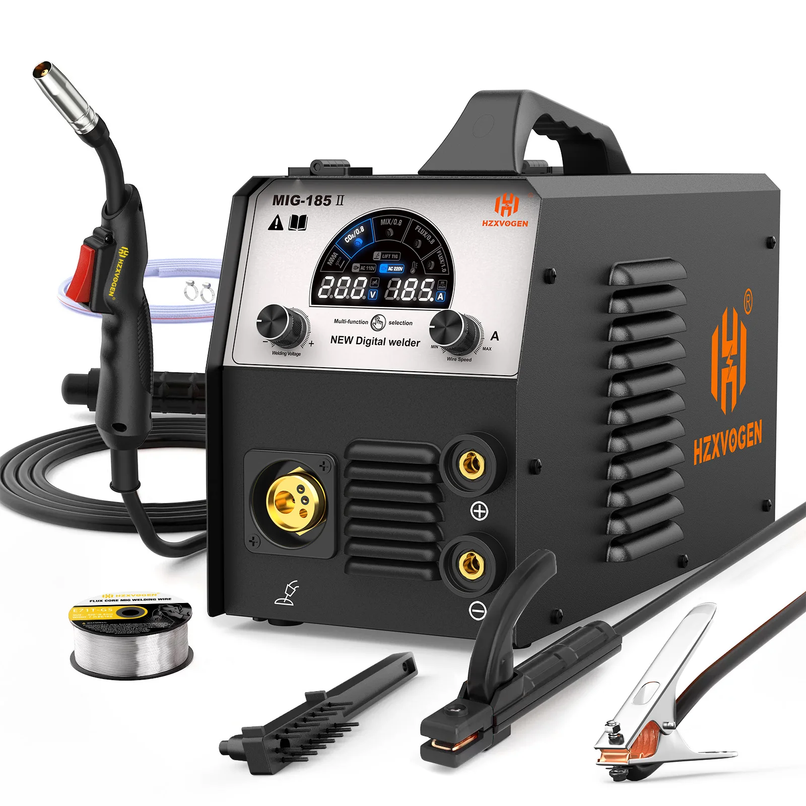 Hzxvogen Mig185II 4-in-1 tragbares Schweißgerät 220V-240V, einphasig, mit digitaler LED-Anzeige, Gas-/Gaslos-MIG-MMA-Lift-TIG-Schweißgerät für Heimwerker und industrielle Anwendungen