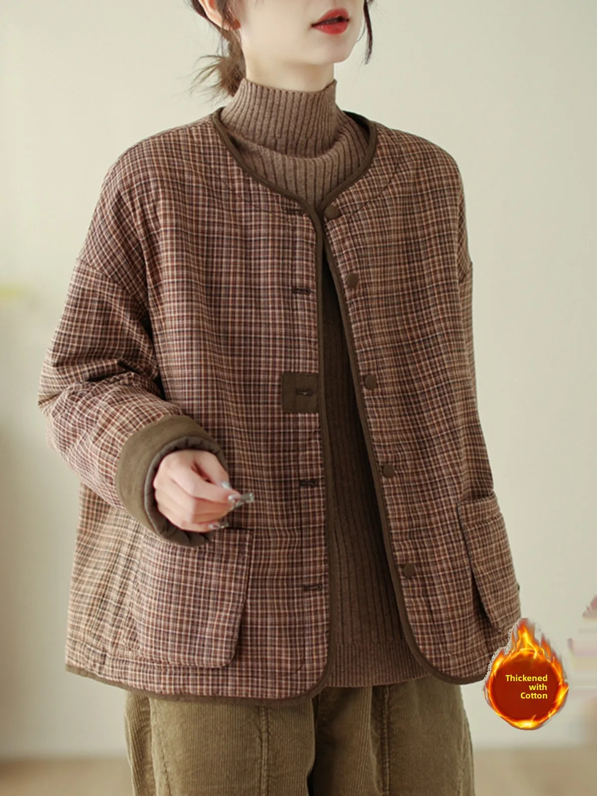 

Retro Plaid Thiened Cotton Jaet Women's Winter Loose Slim round Ne Cotton Coat Button Detail Long Sve Commute Sle