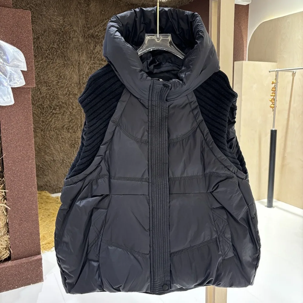 

Winter New Hooded Knitted Puffer Sleeveless Vest Women Spliced Solid Color Casual Warm White Duck Down Waistcoat
