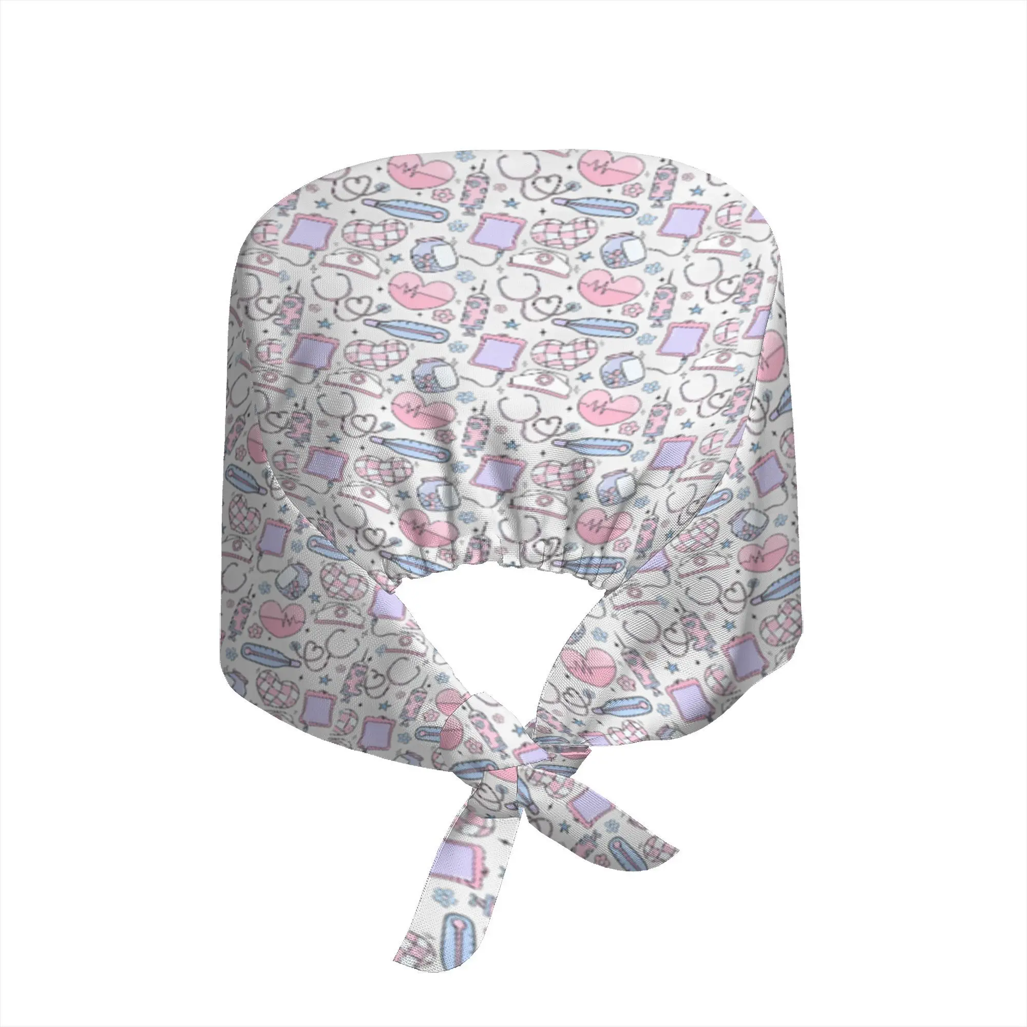 Cute Medical Pattern Scrub Cap Soft Adjustable Working Cap with Sweatband Pastel Nurse Doctor Print for Healthcare Workers