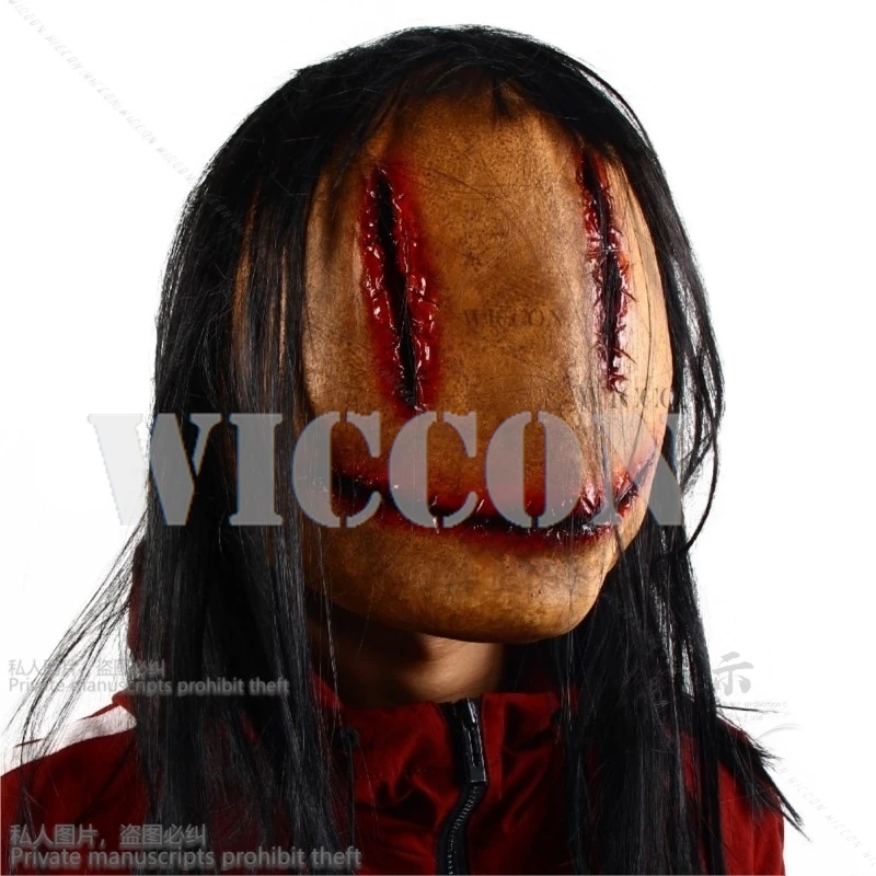 2024 New Halloween Horror Fancy Party Mask Bloody Mask Horror Smiley Cosplay Tricky Latex Pullover Mask With Hair Costume Props