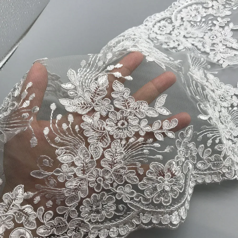 1Yard White Sequin Lace Fabric Flower Venise Mesh Lace Trim Applique Sewing Craft for Wedding Dec 30CM Wide