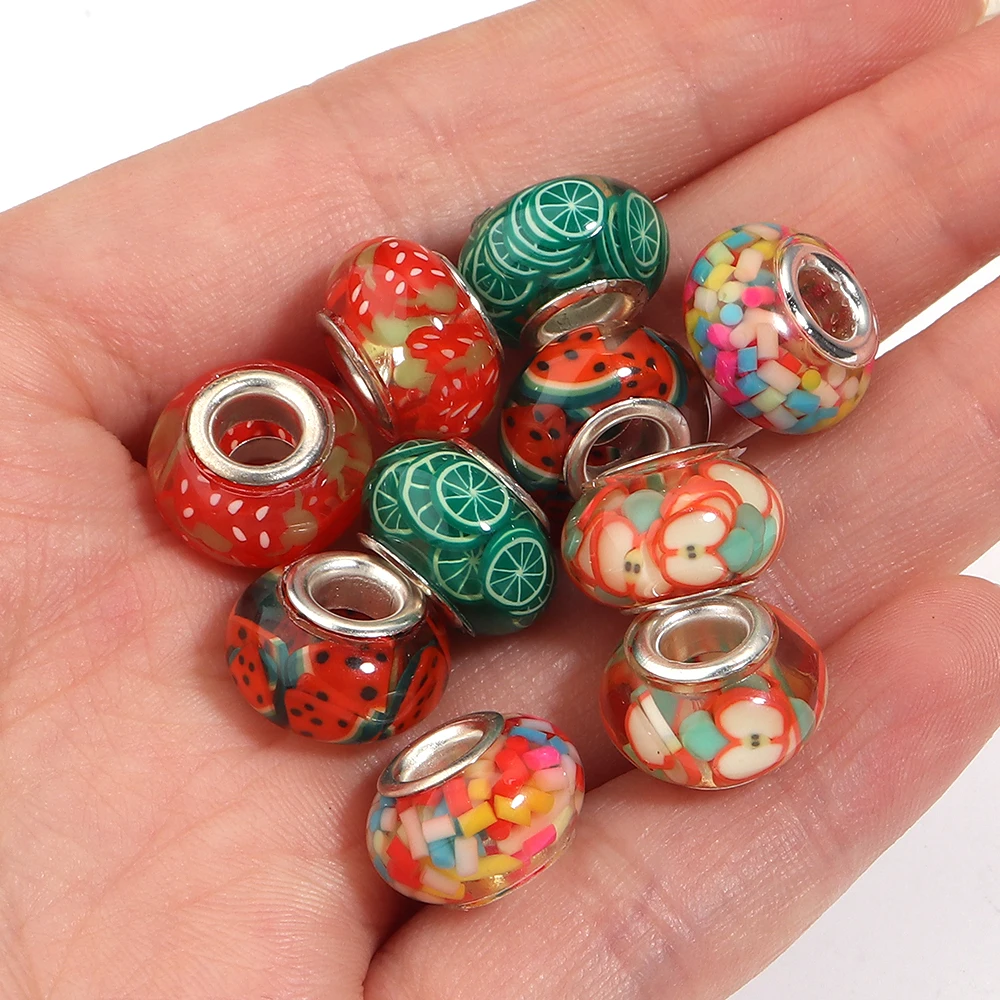 10pcs 14mm Polymer Clay Fruit Slices Big Hole Acrylic Beads Abacus Bead For Jewelry Making DIY Bracelet Accessories