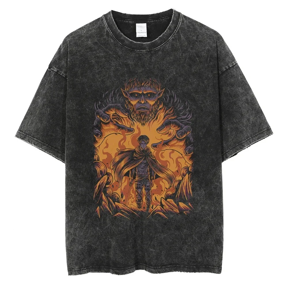 

Футболка унисекс Attack on Titan: Эрен Йегер и Титан-Зверь, летняя коллекция 2026, винтажная, с эффектом потертости, оверсайз, уличный стиль