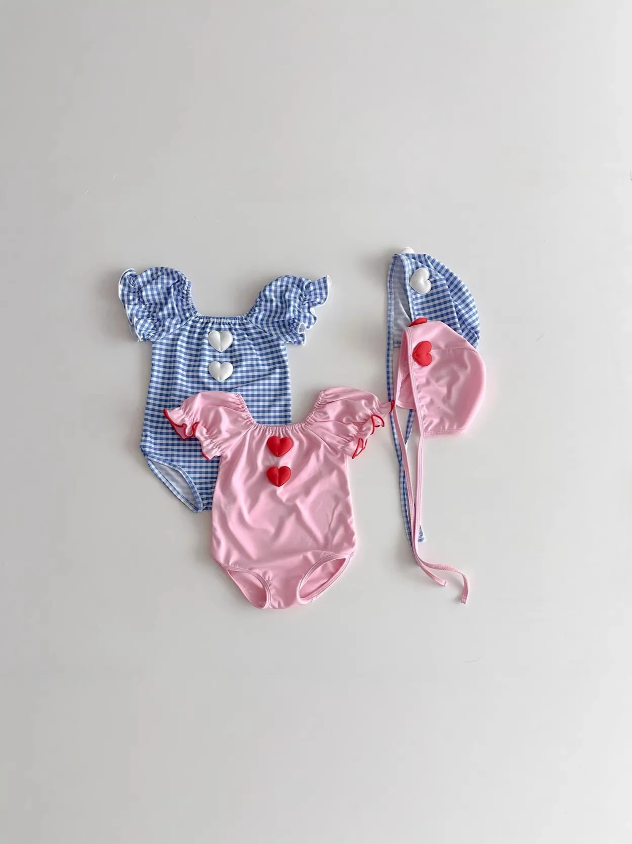 2026 Summer New Baby Girl Heart Bodysuit + Hat Kids Girls Puff Sleeve Swimsuit Cute Toddler Girl Jumpsuit Children Clothes