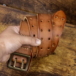 Cowhide Pure Hand-stitched Allergy-proof Men's Thickened Leather Belt Casual Double Buckle Individual Vintage Waistband