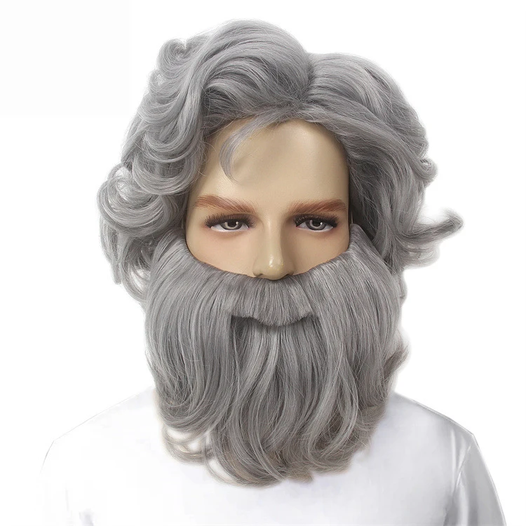 クリスマスミスターサンタクロースコスプレウィッグメンズクリスマスグレーカーリーウィッグひげ付きエジプト王合成毛ハロウィンコスチューム用