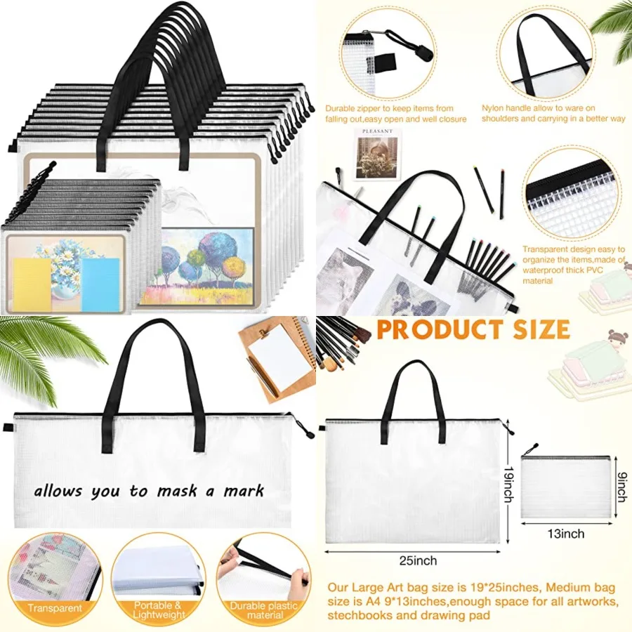 Bolsa de portafolio de arte de 20 piezas, carpeta de portafolio transparente de 19 ''x 25'', para obras de arte con cremallera y asa, bolsa de lápices A4, plástico de 9'' x 13''