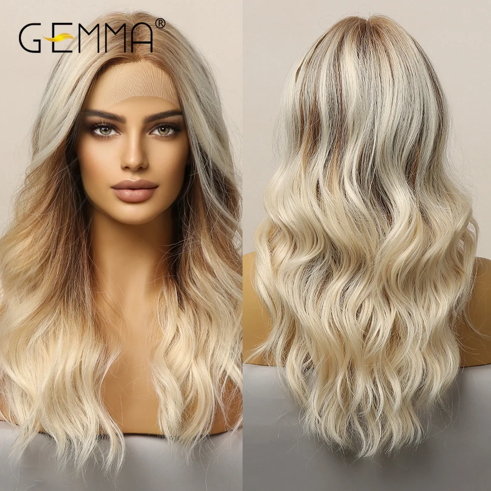 

GEMMA Long Wavy Omber Brown Blonde Lace Front Wigs for Women Middle Part Lace Synthetic Wig Heat Resistant Cosplay Daily Hair