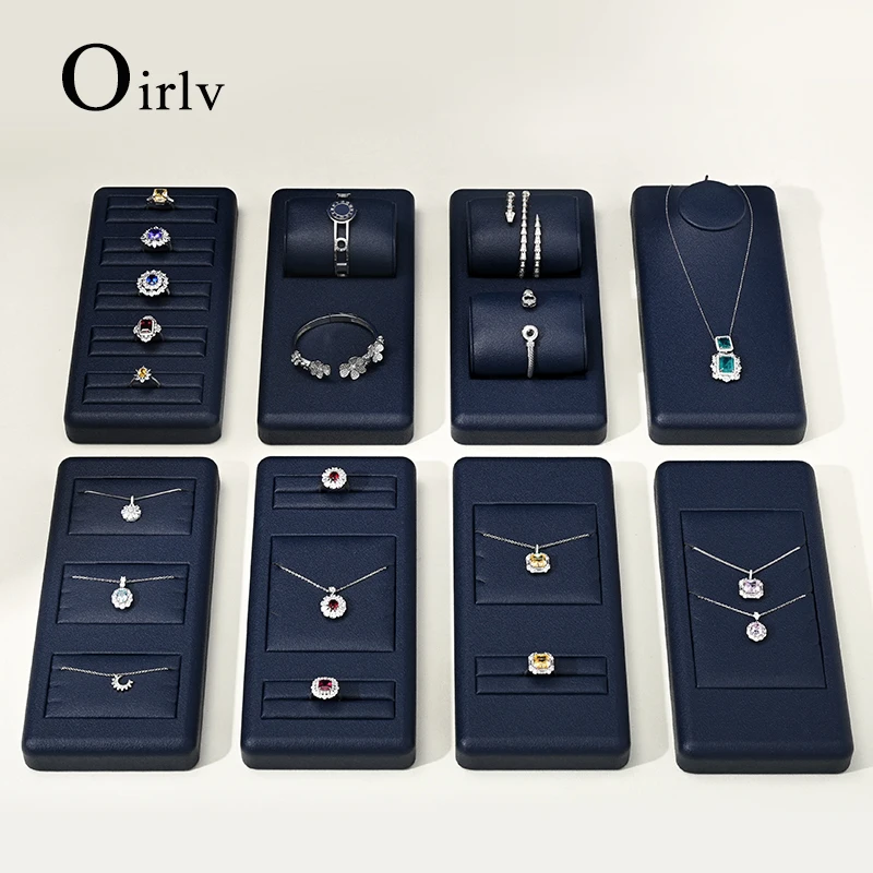 Oirlv Fashion Leather Jewelry Display Set for Earring Ring Necklace Bangle Shop Counter Jewelry Display Props Blue