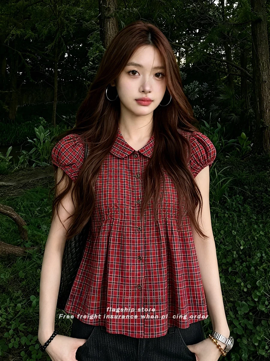 

Retro Spicy Girl Angora Red Plaid Doll Collar Bubble Sleeve Women's Shirt Summer Versatile Slimming Top Casual Style Loose Fit