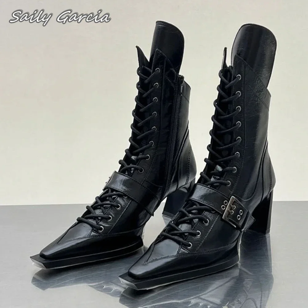 

Retro Punk Style Mid Heel Cowboy Motorcycle Boots 2024 New Fashion INS Style Cool Girl Boots Pointed Toe Platform Casual Boots