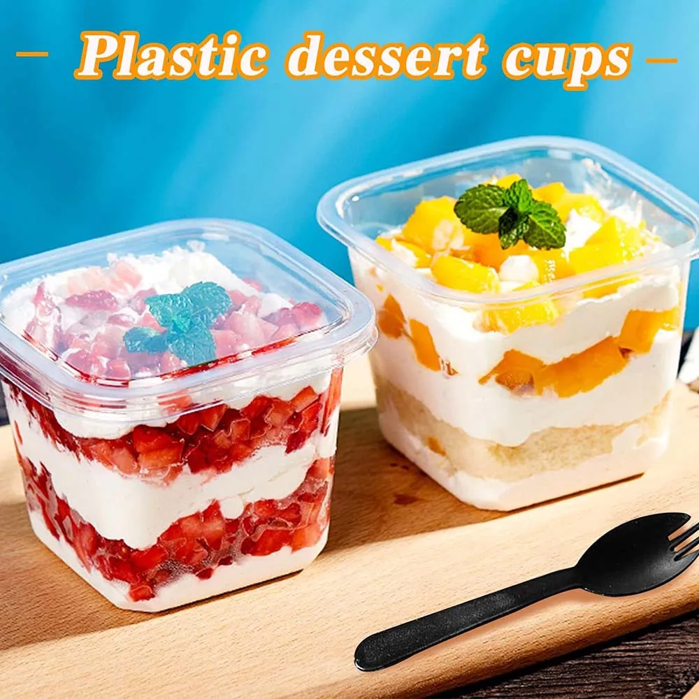 50Pcs 12Oz Plastic Dessert Cups,Square Parfait Cups,Disposable Cake Container for Cupcake,Pudding,Snacks,Fruits,Mousse,Ice Cream