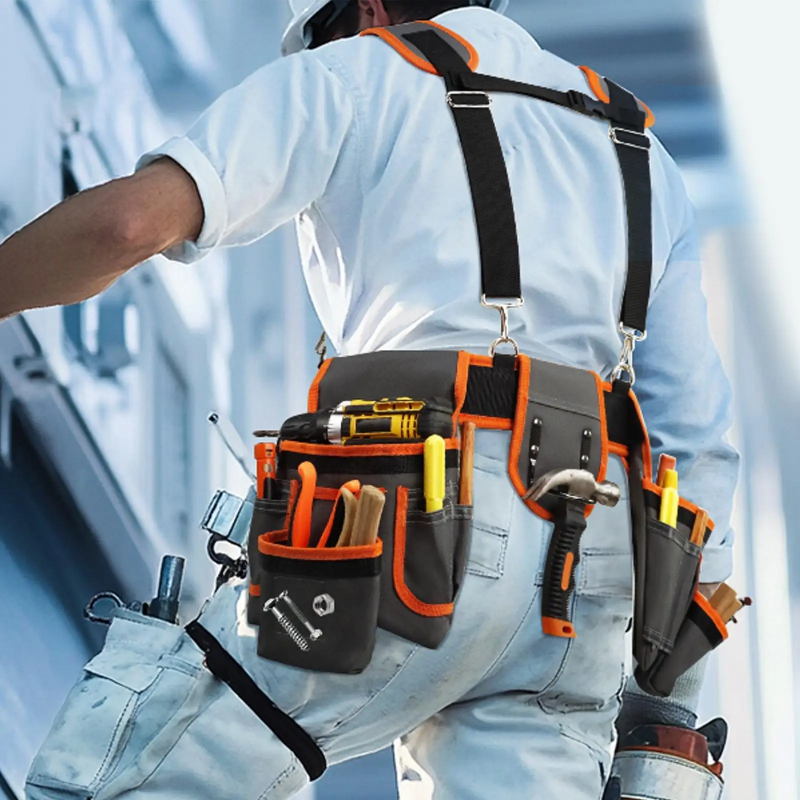 Cinturón de herramientas para hombre, 2 bolsas magnéticas con tirantes, cinturón de utilidad resistente de 18 bolsillos para construcción de enmarcado de cableado eléctrico