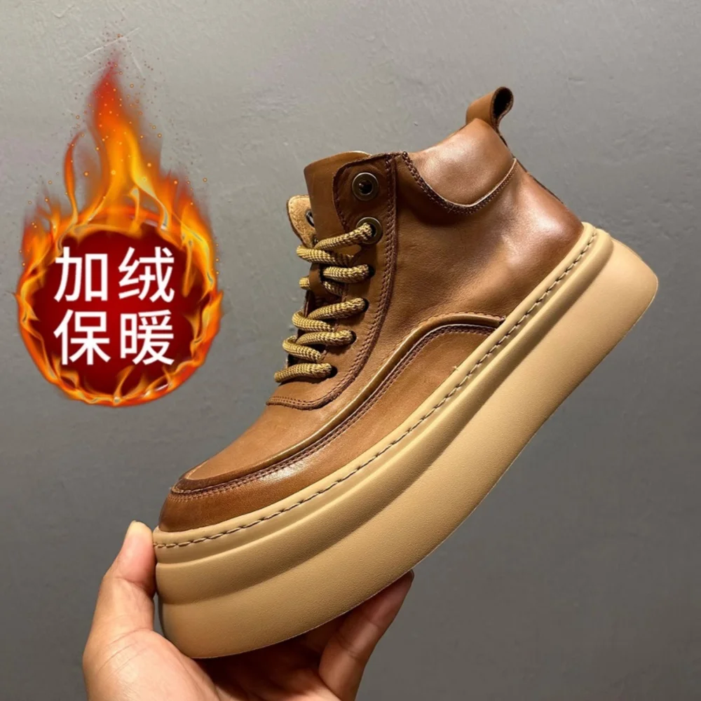 

QHCCID Men's Genuine Cowhide Leather High-Top Boots Soft Leather Sole Retro Street Style