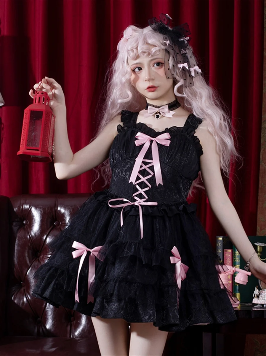 Francuska słodka romantyczna mroczny styl Lolita Cosplay słodkie dziewczyny Jsk Gothic jednolity kolor koronkowa siateczkowa wstążka kokardka sukienka z ciasta