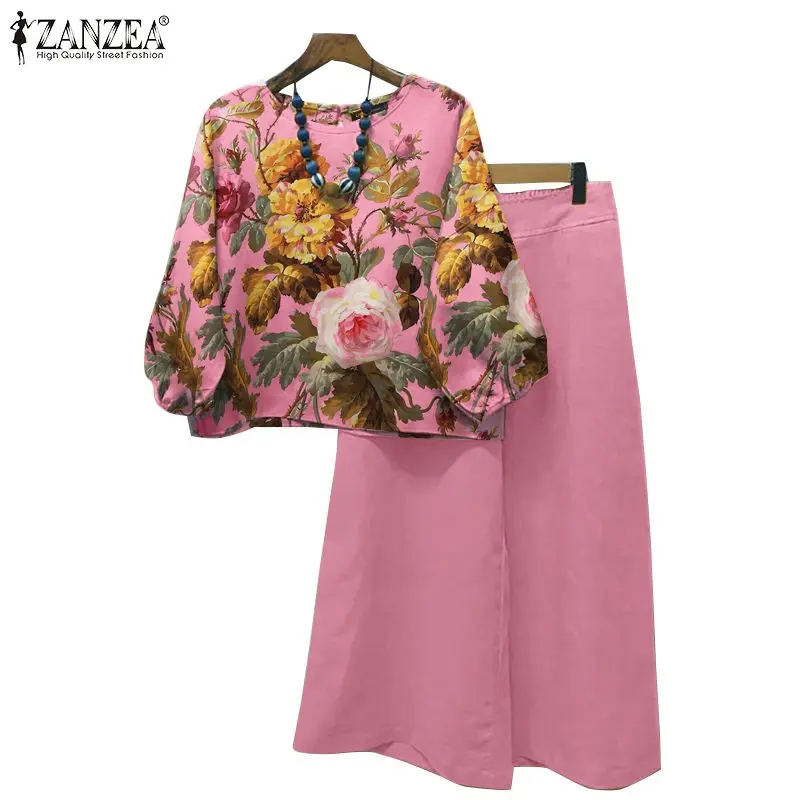 ZANZEA 2024 Autumn Floral Printed Blouse Pants Sets Two Piece Sets Womens Outifits Bohemian Wide Leg Trousers Suits Tracksuit