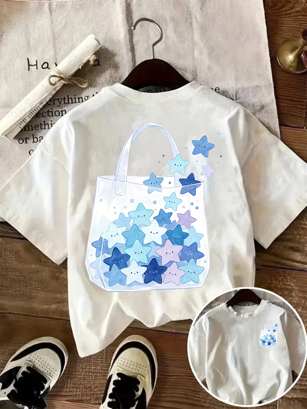

Cute Star Tote Bag Print Women T Shirt Kawaii Graphic Tee Casual Short Sleeve O Neck Loose Harajuku Summer Top Y2k Top