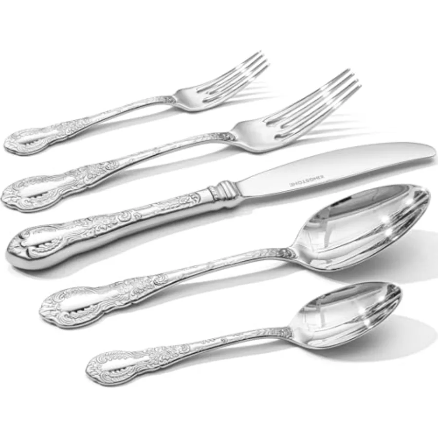 

KINGSTONE Vintage Carved Sierware Set, 18/10 Stainl Steel Flatware Cutlery Set with Retro Royal Thick Handle, Tableware Utensil