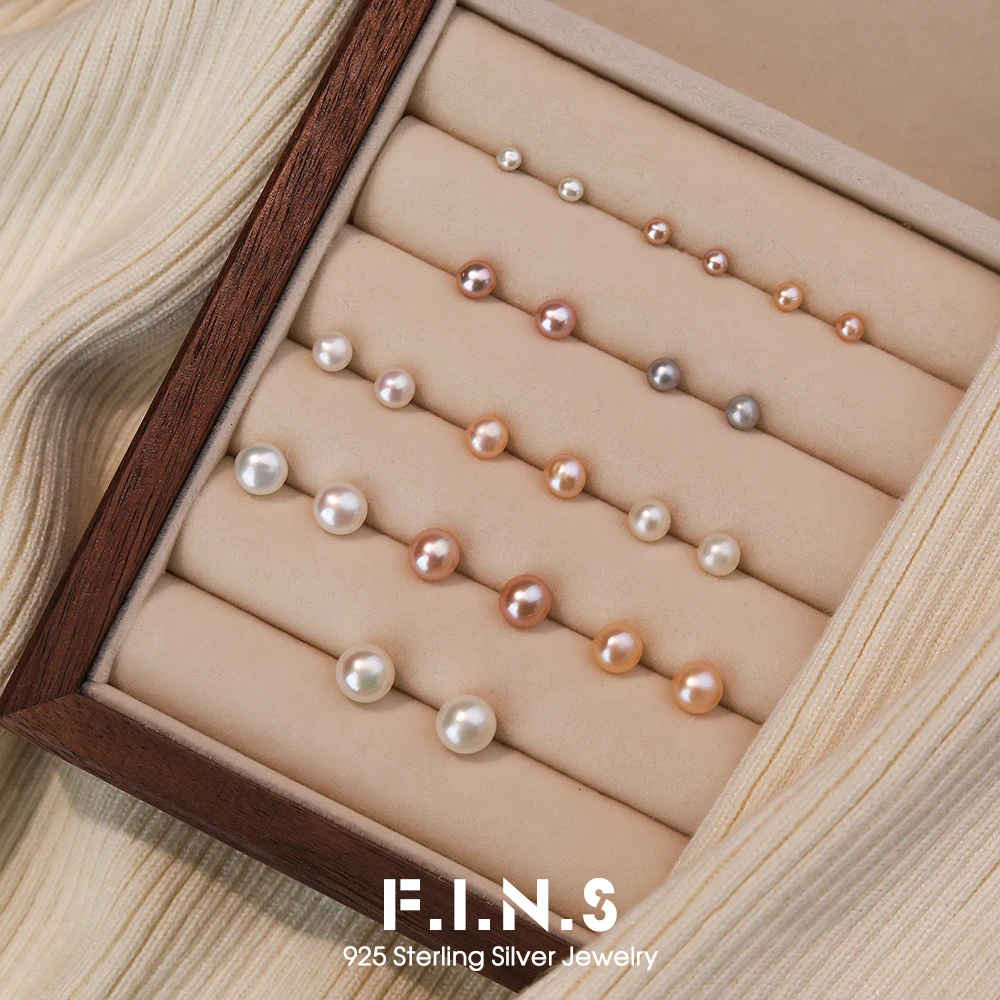 

F.I.N.S Original Minimalist Round Freshwater Pearl Ear Stud Real Pearls 925 Sterling Silver Stud Earrings Stackable Fine Jewelry