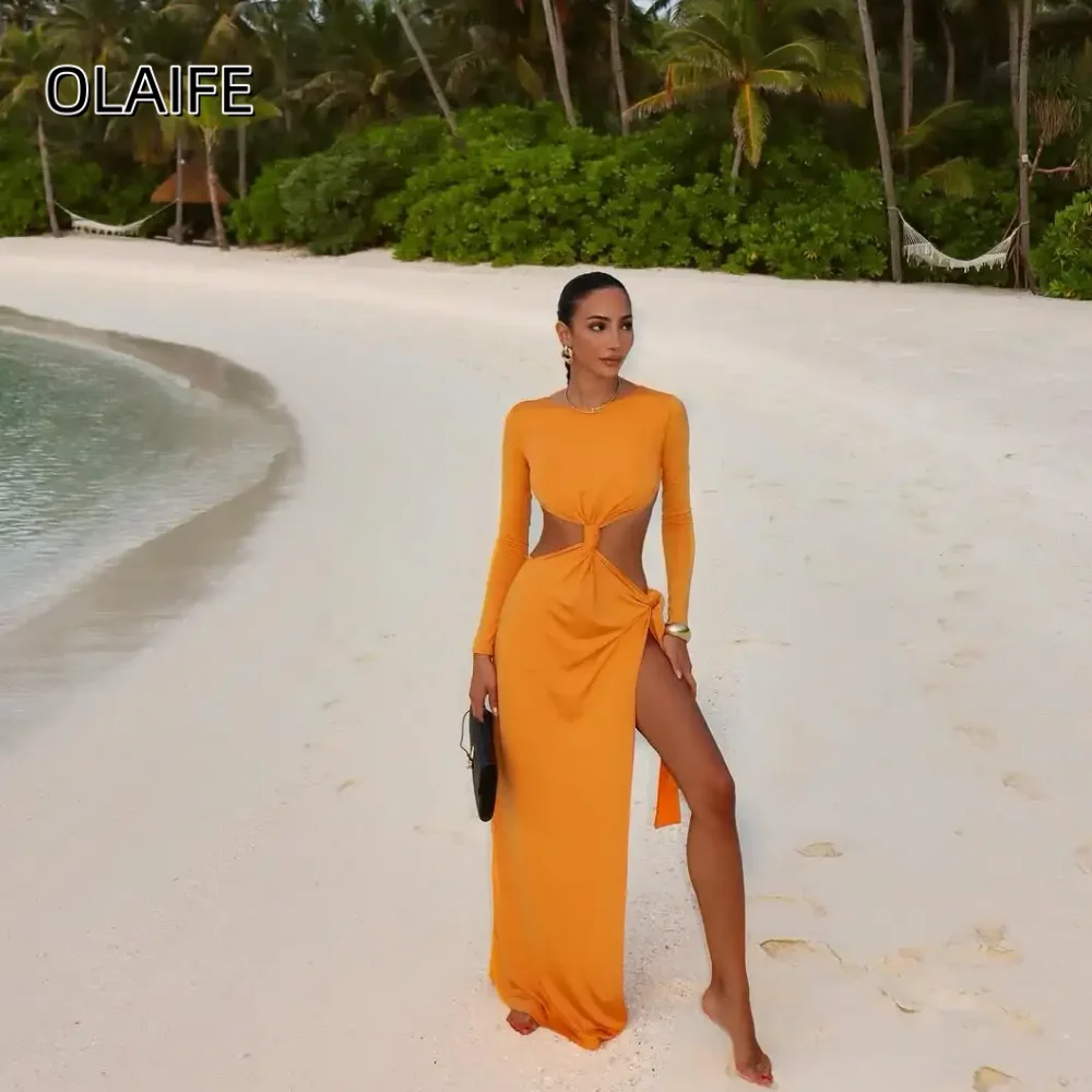 

Атласное платье русалки с длинными рукавами и открытой спиной для выпускного вечера с высоким боковым разрезом и круглым вырезом Вечернее платье по индивидуальному заказу с скользящим шлейфом, платья de gala