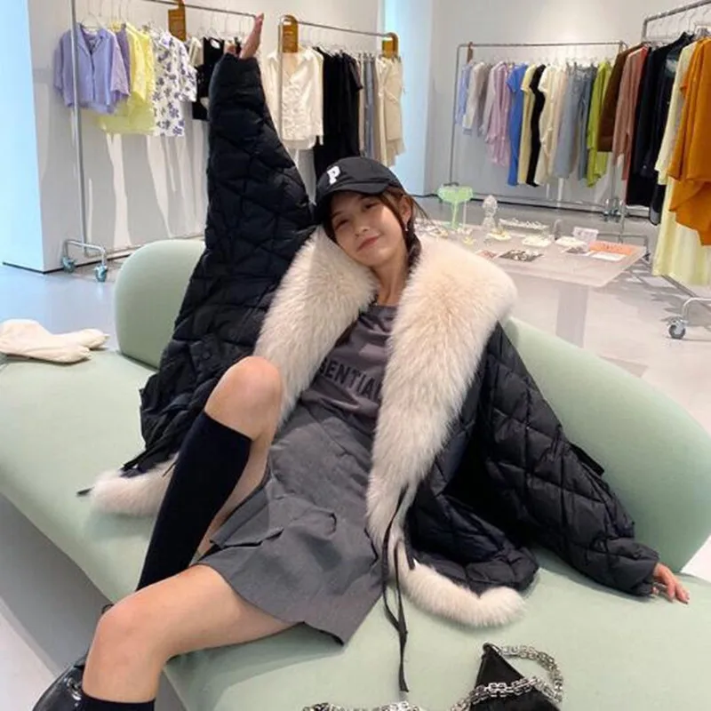 2025 inverno macio quente solto jaqueta puffer parka feminino à prova de vento neve outwear casacos de luxo gola de pele de raposa casacos longos