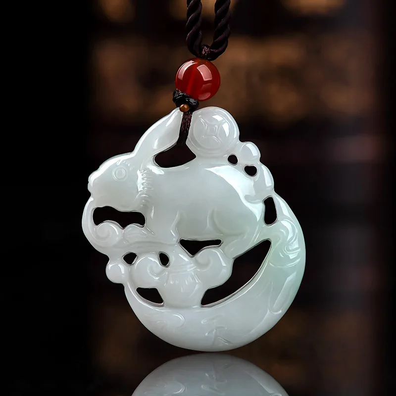 

100% Natural Grade A Jade White Jadeite Lovely Moon Rabbit Pendant Women Gift