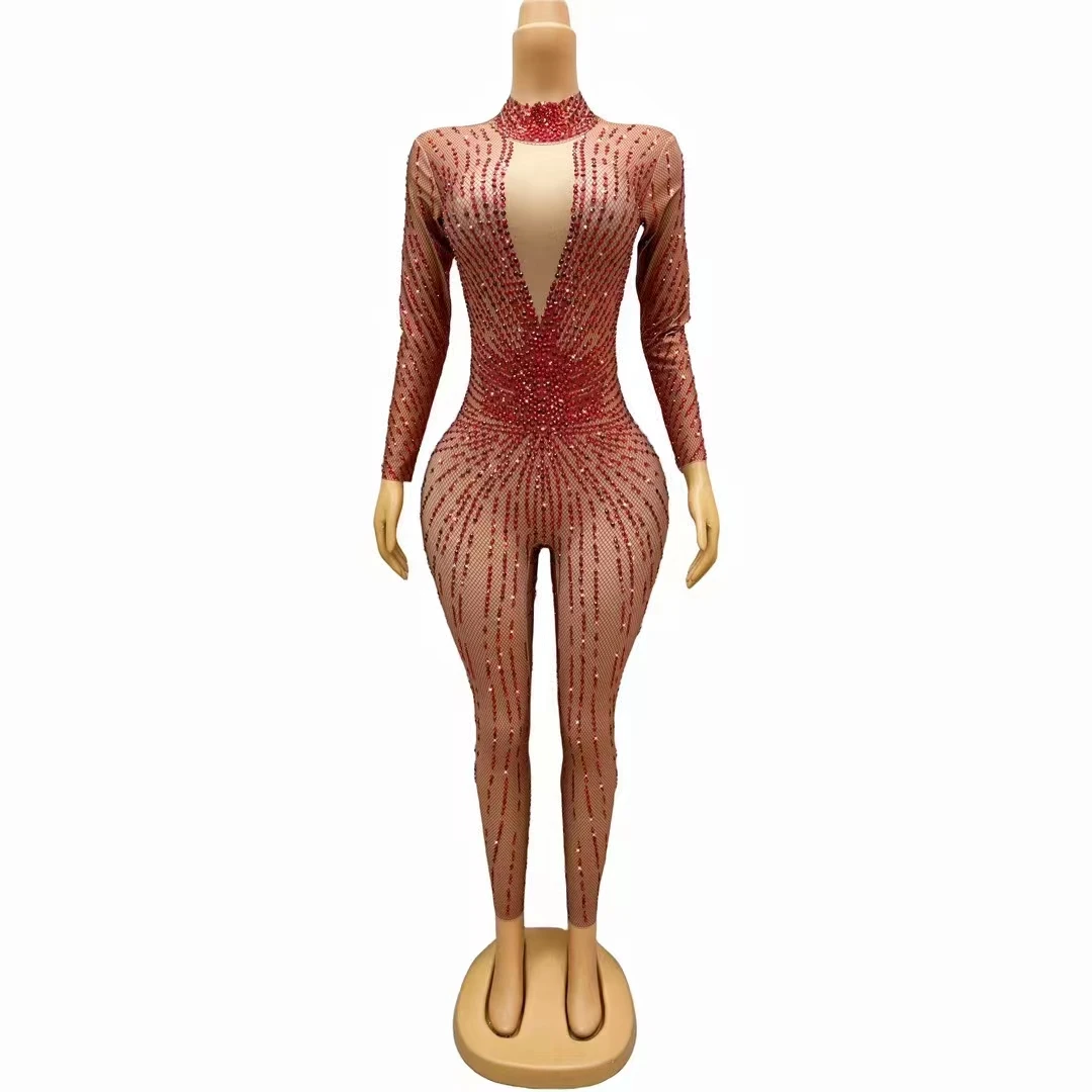 赤いラインストーンレオタードナイトクラブバーパフォーマンスダンス衣装女性の誕生日イブニングクラブパーティージャンプスーツセクシーなショーステージ着用