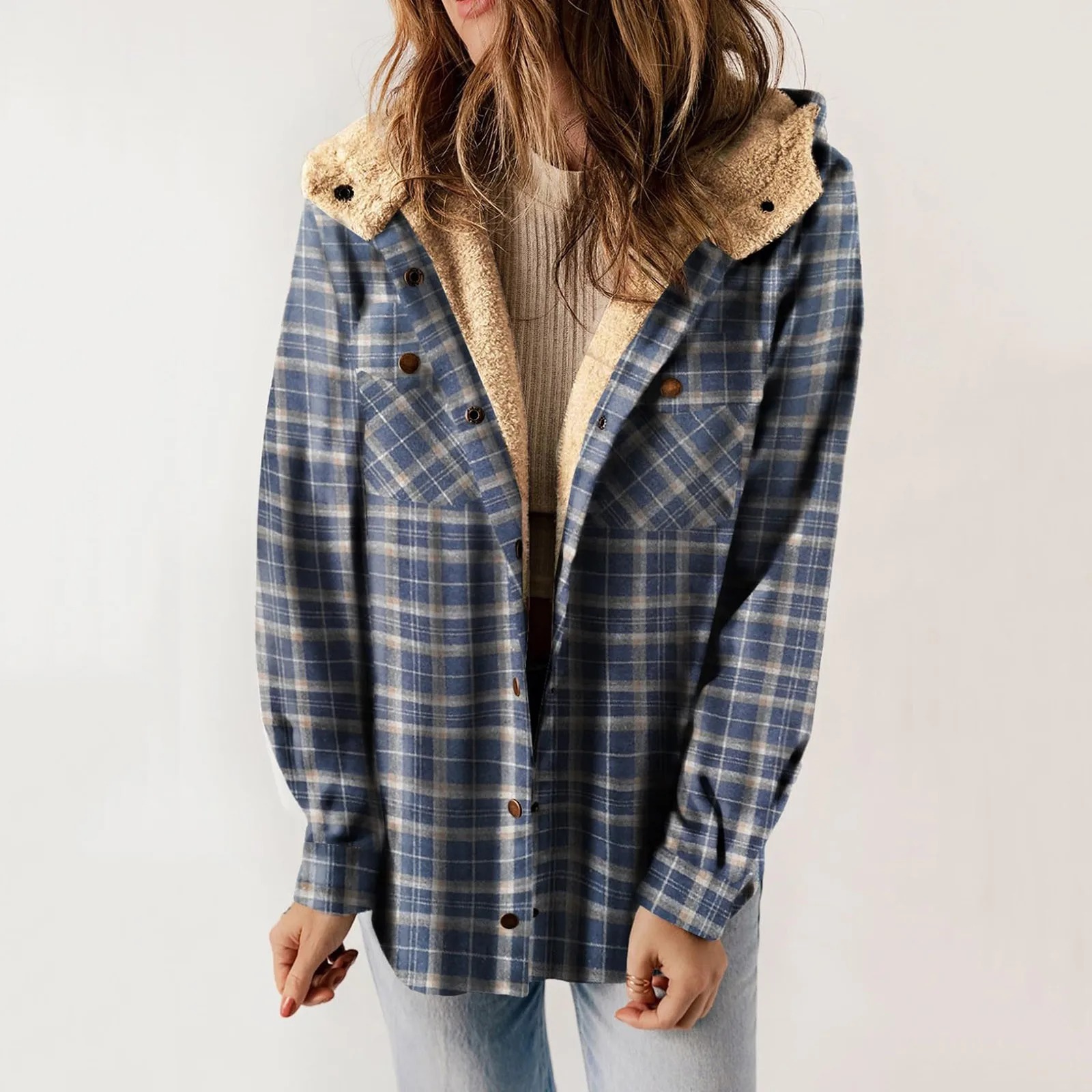 Women Plaid Fleece Jacket 2023 New Autumn Female Casual Long Sleeve Button Hooded Jackets Warm Coat Winter Streetwear