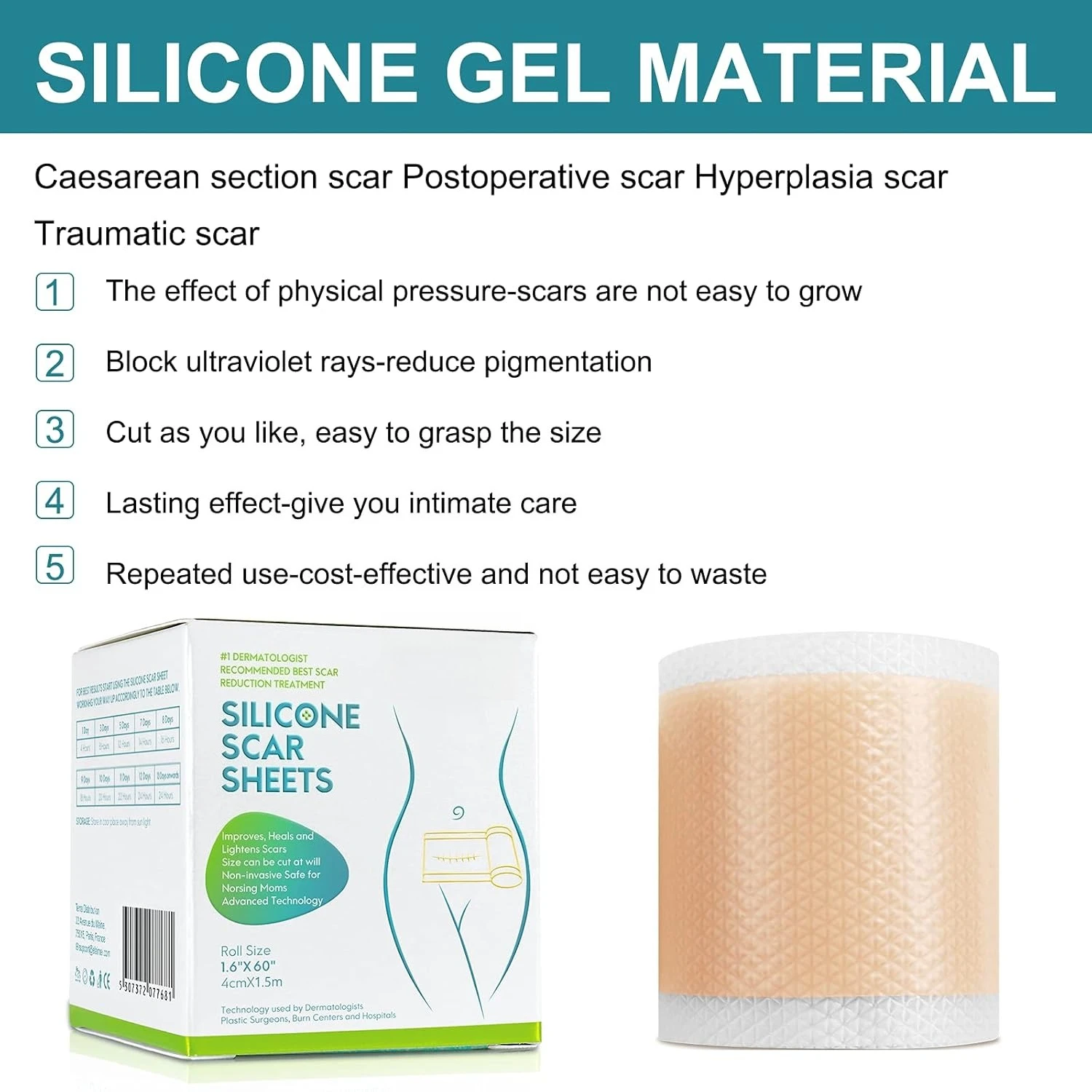 Grade Silicone Scar Sheets, Silicone Scar Tape (1.6”x 60”), Scar Removal Strips for Acne Scars C-Section & Keloid Surgery Scar