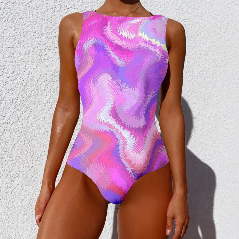 One Piece Sexy Bra Swimsuit Colorful Wave Rainbow Pattern Printed Casual Swimwear Beach Swimming Sportswear Women Clothing