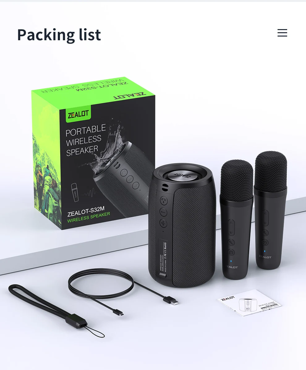 ZEALOT-S32 Tragbarer Bluetooth-Lautsprecher, Kabelloser Lautsprecher mit 2 Mikrofonen, für Strandpartys und Geburtstagsfeiern, Wasserdichter Lautsprecher – Detail 3