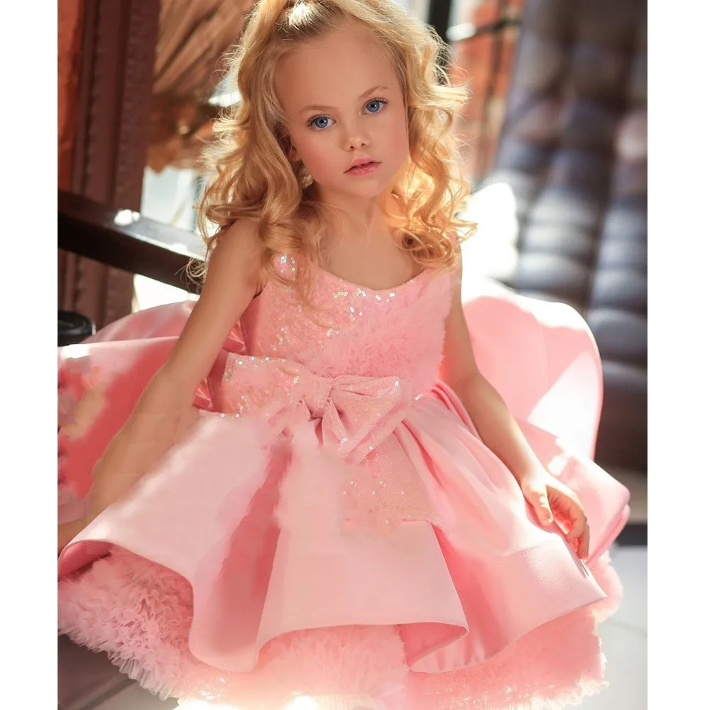 Vestidos elegantes y exquisitos de color rosa para niña, vestidos de invierno con lazo y lentejuelas, vestido de boda y Navidad, vestidos de comunión, regalo de cumpleaños para niños